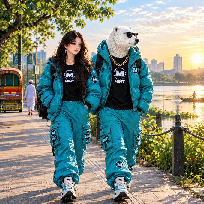Two figures, a woman with long dark hair and a figure with a polar bear head wearing sunglasses, walk side by side along a riverside path wearing matching oversized teal puffer jackets and cargo pants with 'M MINT' branding, accompanied by black t-shirts with the same logo.