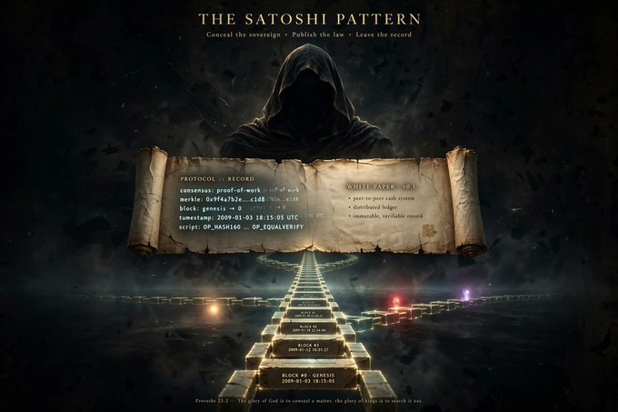 A dark, atmospheric image titled "THE SATOSHI PATTERN" with the subtitle "Conceal the sovereign · Publish the law · Leave the record" features a hooded figure looming over an ancient scroll displaying a "PROTOCOL: RECORD" and "WHITE PAPER: V0.1" with visible details like "consensus: proof-of-work -> satwork," "markle: 0x9f4a73e...c1d8...c1d0," "block genesis: 0," "timestamp: 2009-01-03 18:15:05 UTC," and "2009-01-03 18:15:05"-stamped blocks forming a glowing pathway below. The image visually reinforces the post's mystery about Satoshi's deliberate choice to leave clear, traceable timestamps in unencrypted emails despite supposedly operating at intelligence-level operational security—suggesting an intentional pattern of concealment paired with deliberate, verifiable record-keeping.