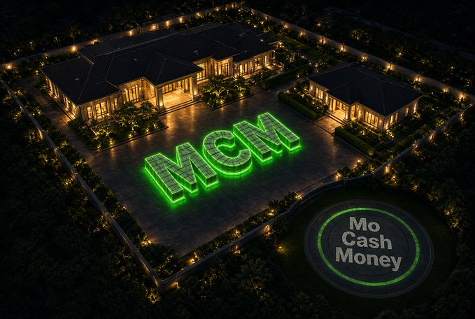 An aerial nighttime view of an estate featuring a large glowing green "MCM" sign and a circular "Mo Cash Money" logo in the landscaping.