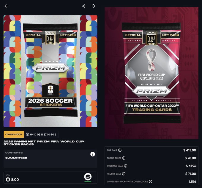 A marketplace listing displays Panini 2026 Soccer NFT Prizm FIFA World Cup Qatar 2022 sticker packs priced at $8 each, with market figures such as a $70 floor price, $61.96 average sale, and $71 recent sale; the listing is marked “COMING SOON” with a countdown of 04D 02H 27M 44S. The image illustrates the base-set pack release discussed in the accompanying post about combining World Cup stickers and Prizm cards in Panini Blockchain packs.