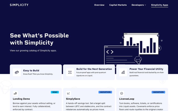 A screenshot of the Simplicity website displaying its hero text "See What's Possible with Simplicity" alongside illustrations of browser windows containing charts and code, with feature cards highlighting "Easy to Build," "Build for the Next Generation," and "Power Your Financial Utility," plus app listings for "Lending Demo," "SimplifySave," and "LicenseLoop." The image visually introduces Simplicity as Blockstream's next-generation smart contracting language for Bitcoin, reinforcing the post's announcement of Simplicity Office Hours for developers to engage directly with the Blockstream team.