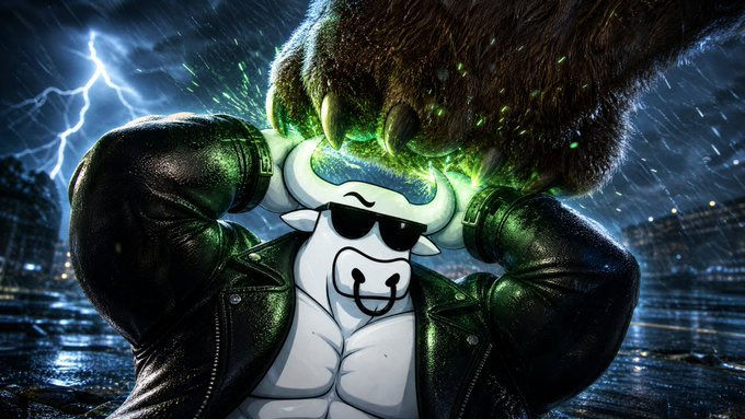 The image shows a muscular cartoon bull character wearing sunglasses and a black leather jacket, with glowing green energy emanating from its head and a giant bear claw gripping it from above amid a stormy cityscape with lightning.

The artwork visually captures the "$BULL" token's message of strength and resilience—the armored bull standing firm against a massive bear claw symbolizes how the project is weathering bearish pressure while quietly maintaining its $2M valuation, embodying the "long game" patience over reactive hype described in the post.