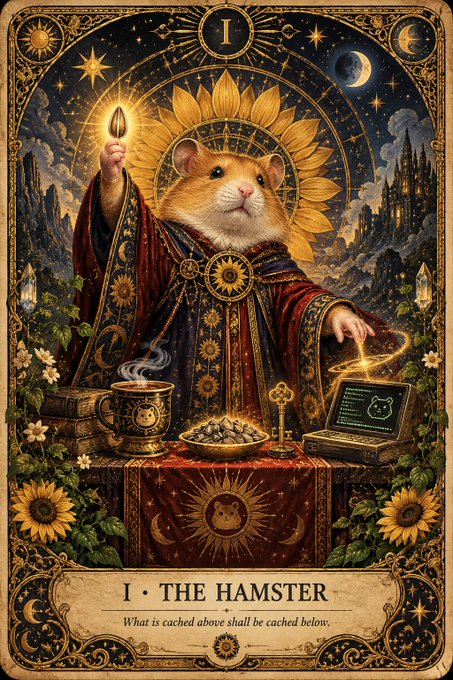 A tarot card illustration titled 'I - THE HAMSTER' depicting a hamster dressed in ornate robes holding a flame, with text 'What is cached above shall be cached below.'