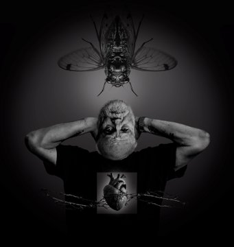 The image depicts a man wearing a t-shirt that features a graphic of a human heart along with text related to contemporary art, such as a website titled "What's Happening On the Internet?". The caption provided suggests that the focus of this art is on sharing and discussing various artworks and content online.