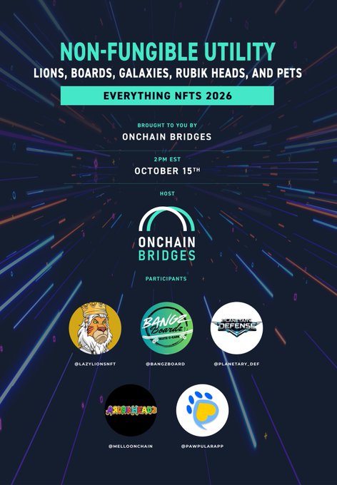 A promotional flyer for 'NON-FUNGIBLE UTILITY' hosted by Onchain Bridges on October 15th at 2 PM EST, featuring participants @LAZYLIONSNFT, @RANCZBOARD, @PLANETARY_DEF, @MELLOONCHAIN, and @PAWPULARAPP.