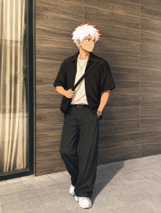 An anime-style illustration of a young man with white hair wearing a black short-sleeved shirt, white t-shirt, black trousers, and a crossbody bag, standing against a wooden wall.
