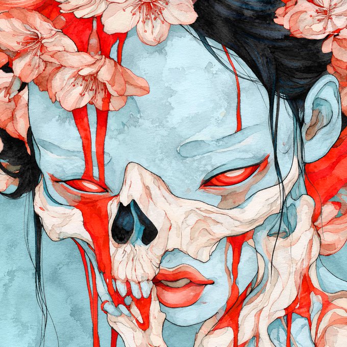 A watercolor-style illustration shows a pale blue face with red eyes and blood-like red streaks running from the eyes and mouth, surrounded by pink blossoms.