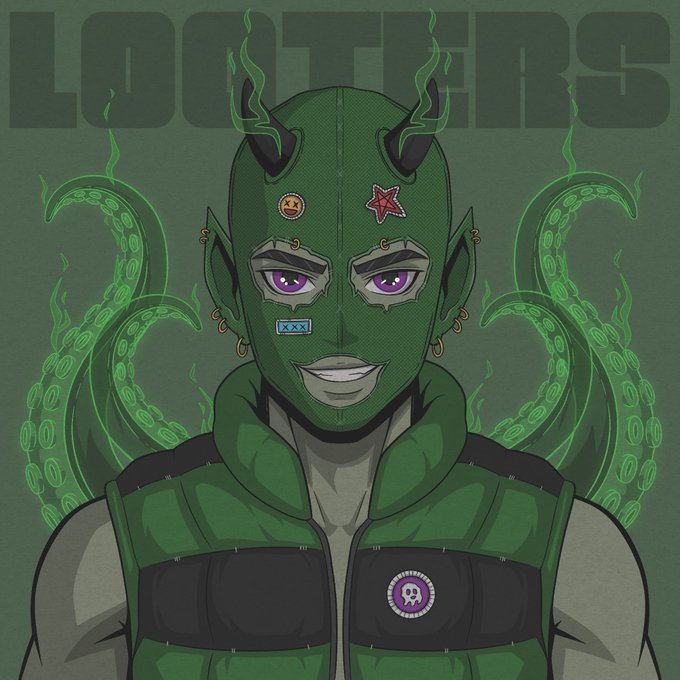 Digital illustration of a character wearing a green hood/mask with horns and octopus tentacles, labeled 'LOOTERS' in green text.