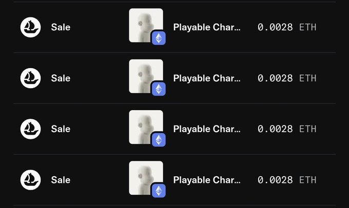 A dark-themed NFT marketplace listing showing four 'Sale' entries for a 'Playable Char...' item at 0.0028 ETH each, with a sailboat icon on the left.