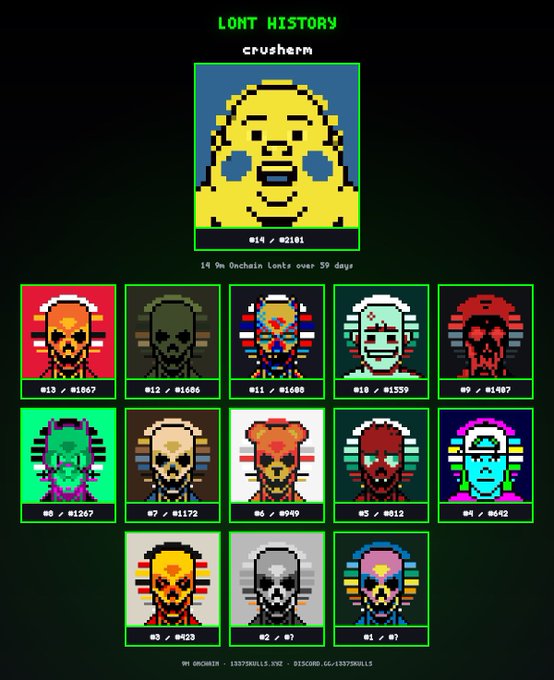A pixel art collection titled 'LONT HISTORY' by 'crusherm' displays 14 different 9x9 Onchain Lonts over 59 days, each numbered and featuring various characters.