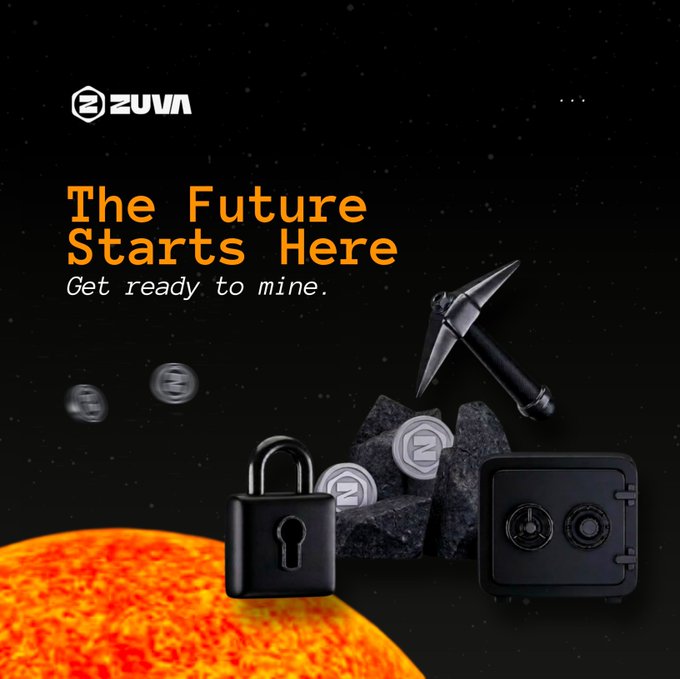 The image is a promotional graphic for the ZUVA Network, featuring the tagline "The Future Starts Here - Get ready to mine." against a cosmic backdrop with a pickaxe striking rocks, floating coins, a padlock, a safe, and a glowing sun, symbolizing the upcoming launch of their social mining platform on 12-07-2026 at zuva.network.