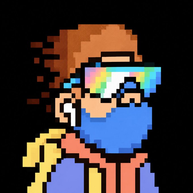 A pixel art illustration of a person with brown hair wearing colorful, iridescent reflective sunglasses, a blue face mask, and a yellow and purple jacket against a black background.