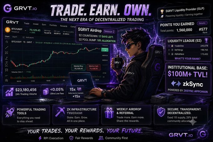 The image showcases a trading platform called GrvtIO featuring a person sitting at a desk with their laptop open next to an order book filled with various trading transactions. The order book shows the exchange of digital currency for different goods, such as a chair and a laptop. A trade-related caption reads "@grtv_io pushing past $100M TVL makes complete sense when you look at their hybrid orderbook model. @zksync appchain. With a fixed 1B supply and 28% total community allocation, this". The overall theme of the image is related to trading activities within the GrvtIO platform.