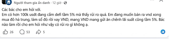 Vietnamese Facebook comment from a user in the group 'Người tham gia đánh' asking whether to buy more with 100k USDT currently being held, mentioning VND interest rates around 5%.