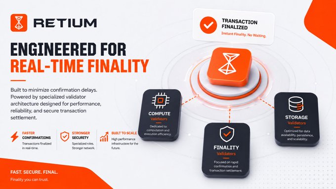 The image features a poster or banner with a white background and orange text discussing the concept of instant finality, which is central to the Retium Chain's approach to blockchain technology. The main idea behind instant finality is that once a transaction has been confirmed by multiple blocks in the chain, it becomes final and cannot be altered or contested without the consensus of all participants. This ensures trust and security within the network, as any attempt to manipulate or change a transaction would require the agreement of everyone involved.