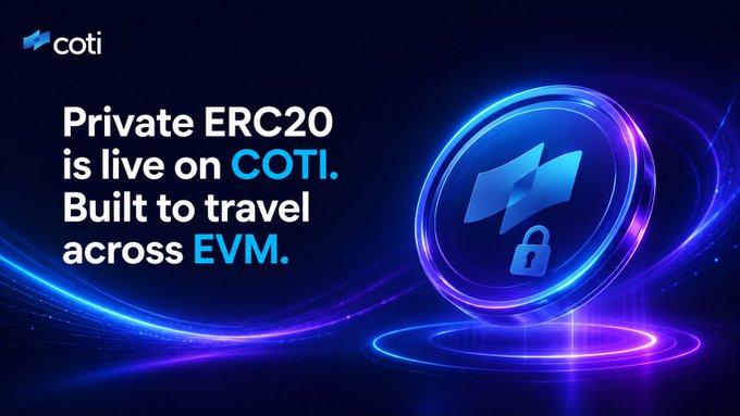 A promotional graphic for COTI announcing 'Private ERC20 is live on COTI. Built to travel across EVM.' featuring a glowing blue and purple 3D ring with a COTI logo and padlock icon.