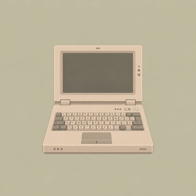 A beige retro-style laptop with a classic QWERTY keyboard and dark screen sits against a muted green background, visually representing the "Retro Hardware Laptops" NFT collection. The nostalgic design directly ties to the post's promotion of a mint event on OpenSea, emphasizing the vintage tech aesthetic of the 3,333 unique digital rigs.
