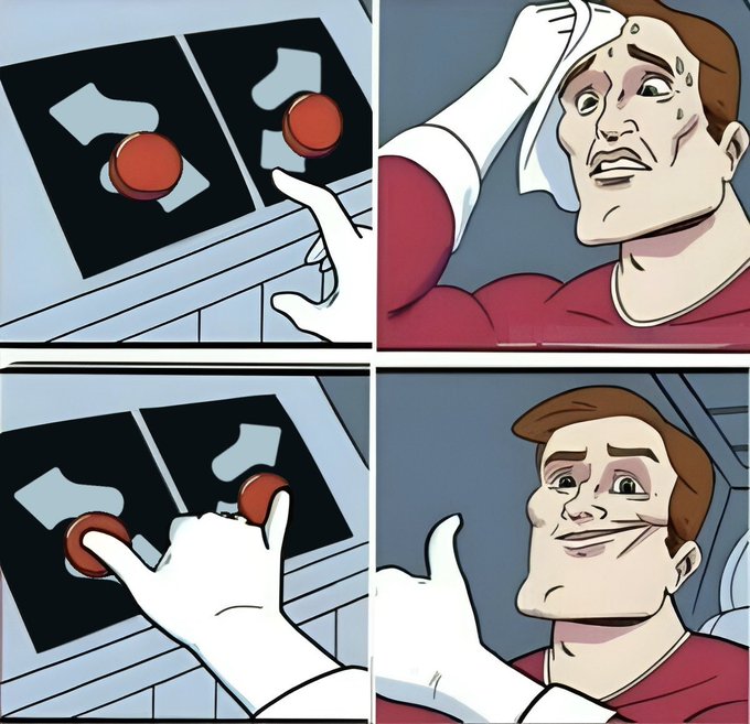 A four-panel cartoon shows a sweaty man struggling to push two red buttons, then successfully pressing them with a relieved smile.