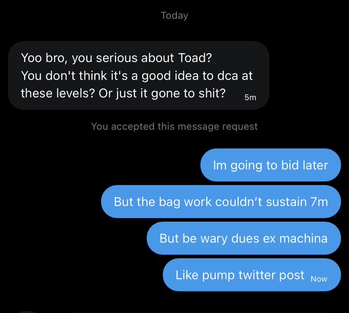 The image shows a text message exchange where someone asks about investing in "Toad" via DCA at current levels, and the replies mention bidding later, concern about whether the "bag" can sustain, warnings about "ex machina" activity, and a "pump twitter post" — providing context of behind-the-scenes caution and skepticism about the $TOAD token amid its recent price action.