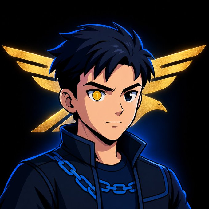 Anime-style illustration of a dark-haired male character with a golden eagle symbol behind him and a blue chain around his neck, featuring heterochromia with one gold eye.