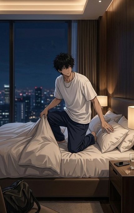 An anime-style illustration depicts a dark-haired young man kneeling on a bed in a modern bedroom, adjusting the sheets with a city night view through the window.