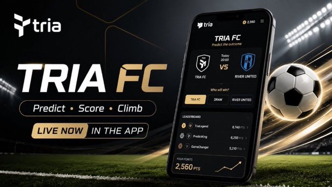 The image features a smartphone screen displaying an app called TRIA FC. The app appears to be related to soccer, as there are two soccer balls visible on the screen – one near the top left corner and another towards the bottom right corner of the display. The background of the image is black with gold text that reads "TRIA FFC", indicating the name of the app or website. Below this, there's a description of the app in white text, which includes details about how to use it and what it offers.