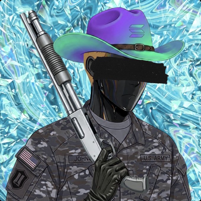 An illustrated figure of a U.S. Army soldier with a black bar over the eyes, wearing a purple-green cowboy hat and camouflage uniform with 'JOHN' and 'U.S. ARMY' name tapes, holding a shotgun against a crystalline blue background.