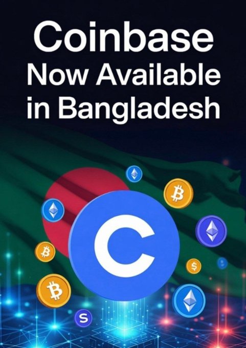 A promotional graphic for Coinbase now being available in Bangladesh, featuring the Coinbase logo surrounded by various cryptocurrency icons including Bitcoin and Ethereum against a Bangladeshi flag background.