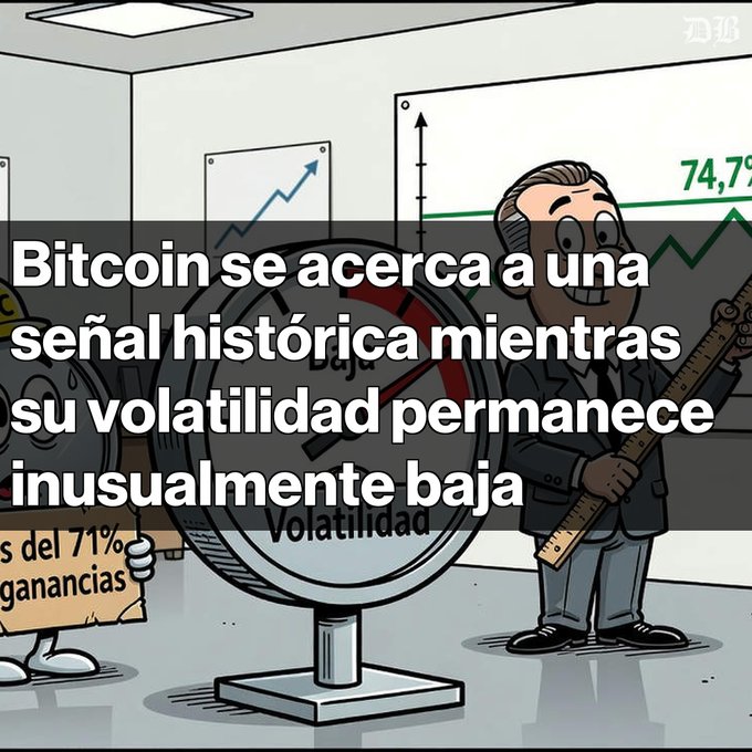 A Spanish-language graphic with cartoon characters and a volatility gauge, featuring the text "Bitcoin se acerca a una señal histórica mientras su volatilidad permanece inusualmente baja," translating to Bitcoin approaching a historic signal with unusually low volatility.