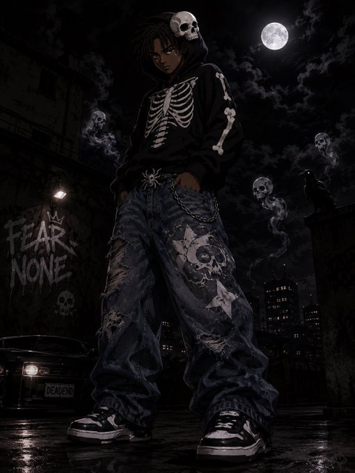 A shadowy figure stands in a dark urban alley wearing a skeleton hoodie and skull-graphic jeans, with "FEAR NONE" graffitied on the wall and a license plate reading "DEADEND," visually echoing the post's warning about blindly "aping" into unverified crypto projects. The ominous "DEADEND" sign and graveyard imagery serve as a metaphor for investors who dive into smart contracts without doing their due diligence on ownership, mint functions, and blacklist controls.