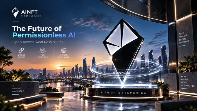 A promotional banner for 'AINFT' features the tagline 'The Future of Permissionless AI - Open Access. Real Possibilities.' alongside an Ethereum diamond symbol on a pedestal with a futuristic city skyline at sunset.