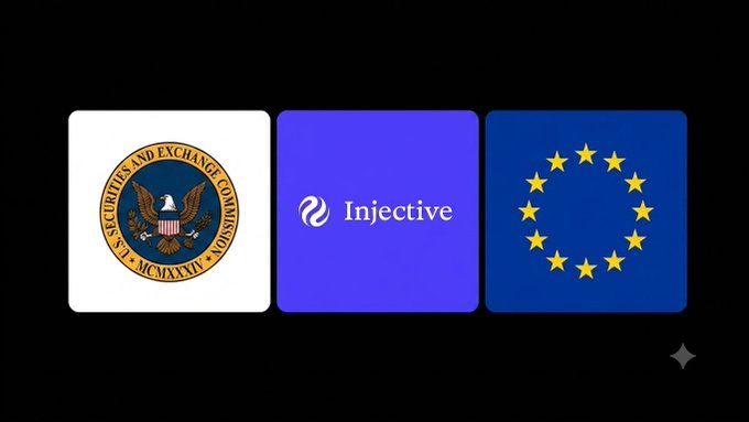 Three logos are displayed side by side: the U.S. Securities and Exchange Commission (SEC) seal on the left, the Injective ("Injective") logo in the center on a purple background, and the European Union flag with its circle of yellow stars on the right, visually representing Injective's simultaneous regulatory milestones in the U.S. and EU.