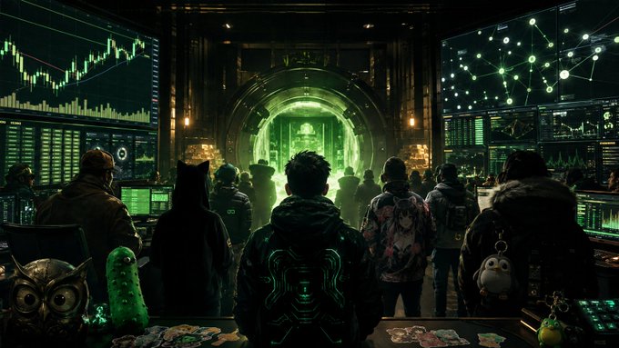 A stylized digital artwork depicting a group of people, including one with cat ears and others in hoodies, viewed from behind as they look at multiple glowing green trading charts and a large arched gateway, with small mascot characters in the foreground.
