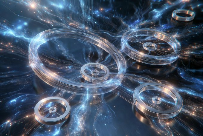 A glowing, futuristic scene features translucent, glass-like rings floating above swirling streams of blue and golden light, symbolizing the dynamic and interconnected nature of yield strategies. The imagery evokes the efficiency and sophistication of @TermMaxFi's dual-investment products, visually reinforcing the post's message about smarter, more flexible DeFi earning solutions.