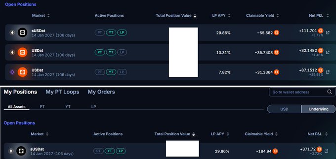 A financial dashboard displays open positions for sUSDat markets dated 14 Jan 2027, showing metrics including LP APY percentages (29.86%, 10.31%, 7.82%), Claimable Yield, and Net P&L figures.
