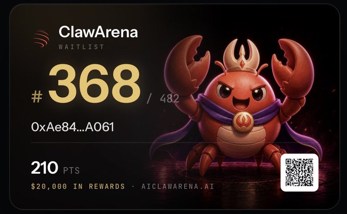 A ClawArena waitlist card showing rank #368 of 482 with wallet address 0xAe84...A061 and 210 points, featuring a cartoon red crab character with a crown and claws, plus a QR code and '$20,000 IN REWARDS · AICLAWARENA.AI'.