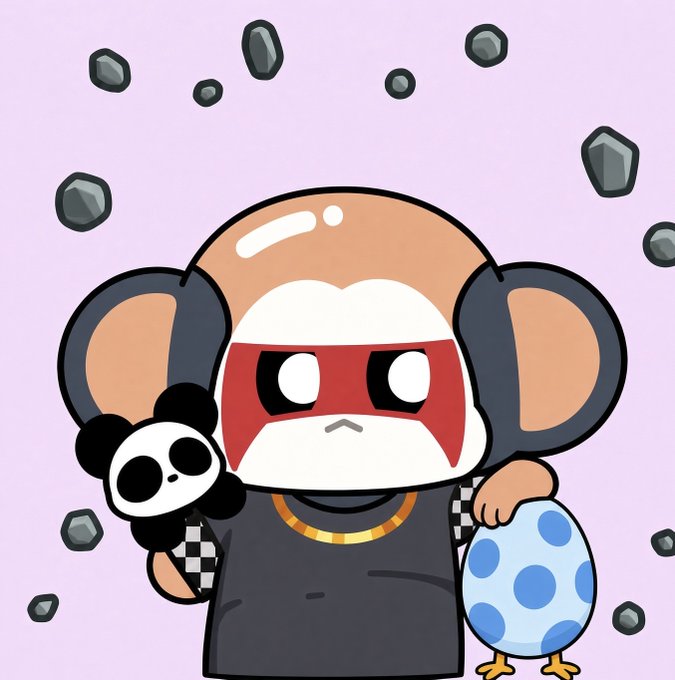 A cartoon illustration of a mouse-like character with red eyes wearing headphones, holding a small black panda plush in one hand and a blue polka-dot egg-shaped object in the other, against a lavender background with floating rocks.