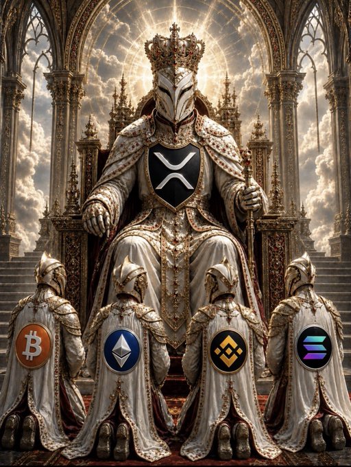 A majestic crowned figure with an XRP emblem on their shield sits enthroned on a golden throne, presiding over four kneeling knights whose capes display the logos of Bitcoin (B), Ethereum (Ξ), Binance (BNB), and Solana (SOL)—portraying XRP as the reigning sovereign of the crypto realm.