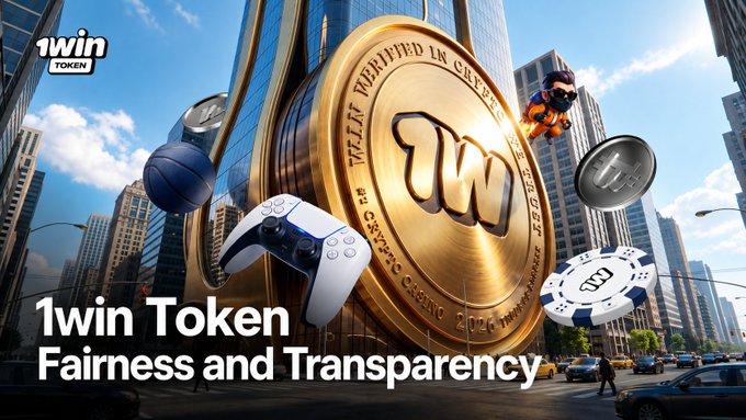 A promotional graphic for '1win Token' featuring a large golden cryptocurrency coin with 'Fairness and Transparency' text, surrounded by sports-themed imagery including a game controller, basketball, poker chips, and casino tokens against a city backdrop.