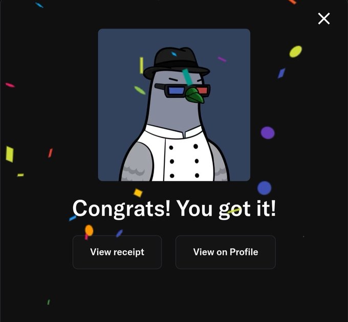 The image displays a celebratory NFT acquisition screen with the text "Congrats! You got it!" featuring a cartoon pigeon character styled as a chef, complete with a black hat, white chef's coat, red-and-blue 3D glasses, and a leaf in its beak, surrounded by colorful confetti. The accompanying buttons read "View receipt" and "View on Profile," tying directly to the post about successfully acquiring the chef-themed 3D glasses NFT from the GolubiroNFT collection.