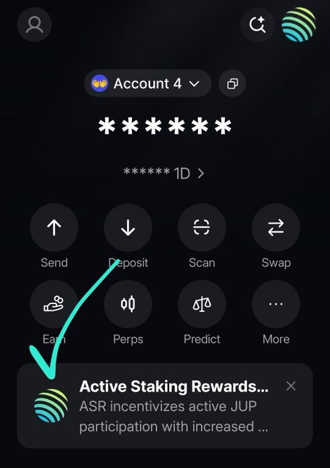 The image shows a Jupiter Mobile app wallet interface for Account 4, featuring an "Active Staking Rewards (ASR)" notification at the bottom indicating that ASR incentivizes active JUP participation. This relates to the post by visually confirming the ASR claim feature available on the Jupiter Mobile app, which is necessary because the desktop version hasn't launched yet.
