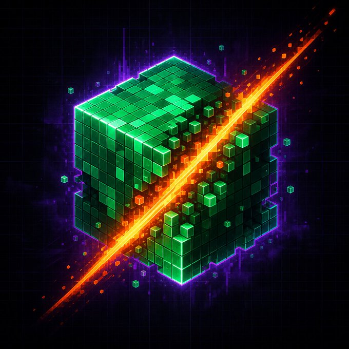 A glowing green voxel cube, rendered in pixel-art style with a vivid purple outline, is dramatically bisected by a diagonal orange beam that scatters tiny cubes across a dark grid background. The image visually reinforces the post's "first blockchain pixel war" theme, depicting the destruction and token-burning mechanic of the $PXL project launching on pump.fun.