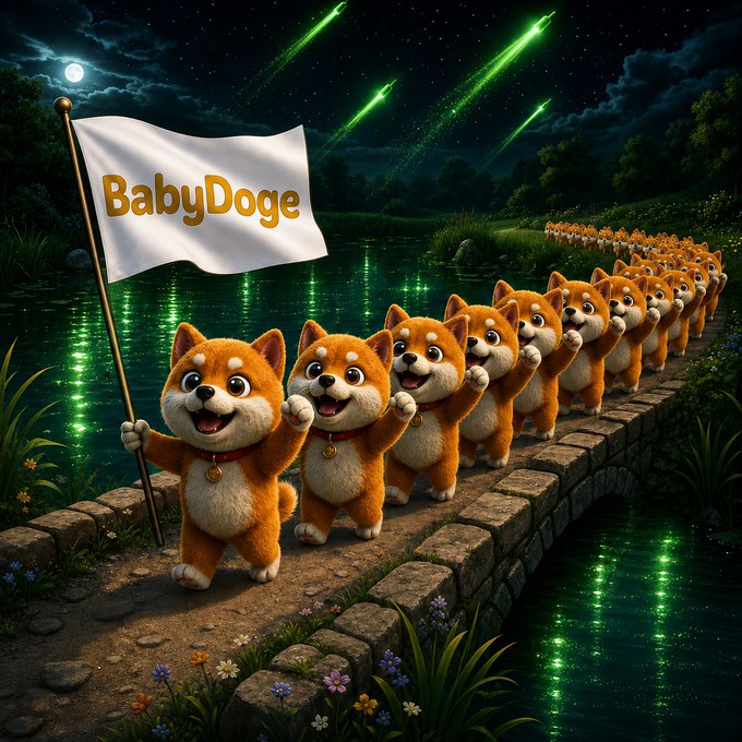 A digital artwork featuring a long line of cartoon Shiba Inu dogs marching across a stone bridge at night, led by one carrying a 'BabyDoge' flag under a sky with green meteors and a moon.