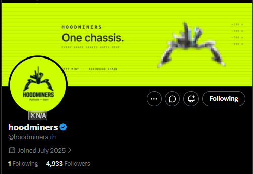 A Twitter/X profile screenshot shows the account "hoodminers" (@hoodminers_rh) with a lime-green banner reading "One chassis." and joined July 2025, displaying 4,933 followers.