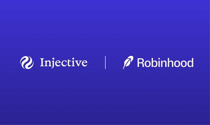 A blue promotional banner displaying the Injective and Robinhood logos side by side, separated by a vertical line.