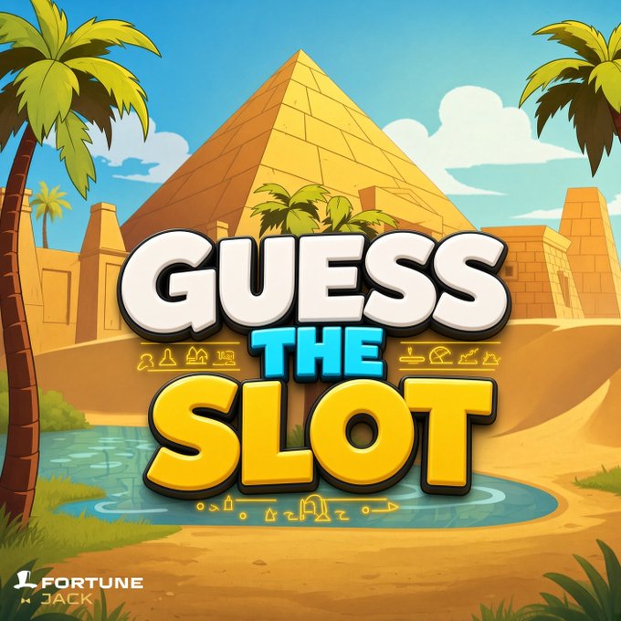 A vibrant cartoon-style promotional image featuring the text "GUESS THE SLOT" overlaid on an Egyptian-themed background with a pyramid, palm trees, a small pool, and hieroglyphic accents, with the "FortuneJack" logo visible in the bottom left corner.

The image ties into the post's slot-guessing challenge by showcasing an Egypt/ancient civilization-themed background for players to identify the specific slot game.
