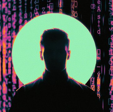 A stylized silhouette of a person stands against a bright green circle, surrounded by falling green and pink digital code characters on a dark background.