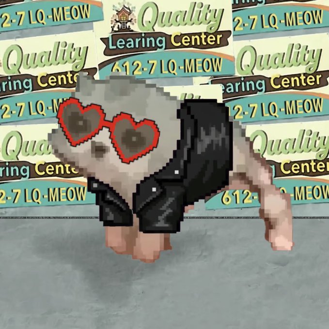 A pixelated dog wearing a black jacket and red heart-shaped sunglasses stands in front of a 'Quality Learning Center' banner with the text '612-7 LQ-MEOW' repeated across it.
