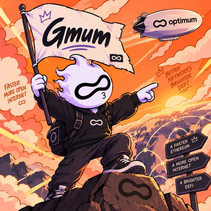 An anime-style illustration features a character with an infinity logo face holding a 'Gmum' flag, promoting 'optimum' with text like 'FASTER MORE OPEN INTERNET' and 'A FASTER ETHEREUM'.