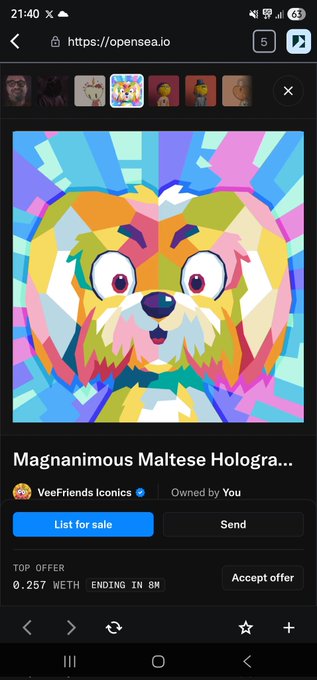 A screenshot from OpenSea showing a colorful, geometric pop-art style illustration of a Maltese dog labeled "Magnanimous Maltese Hologra..." from the "VeeFriends Iconics" collection, owned by "You" and listed for sale with a top offer of 0.257 WETH ending in 8 hours, highlighting the user's VeeFriends Iconics NFT in response to the post about Iconics.